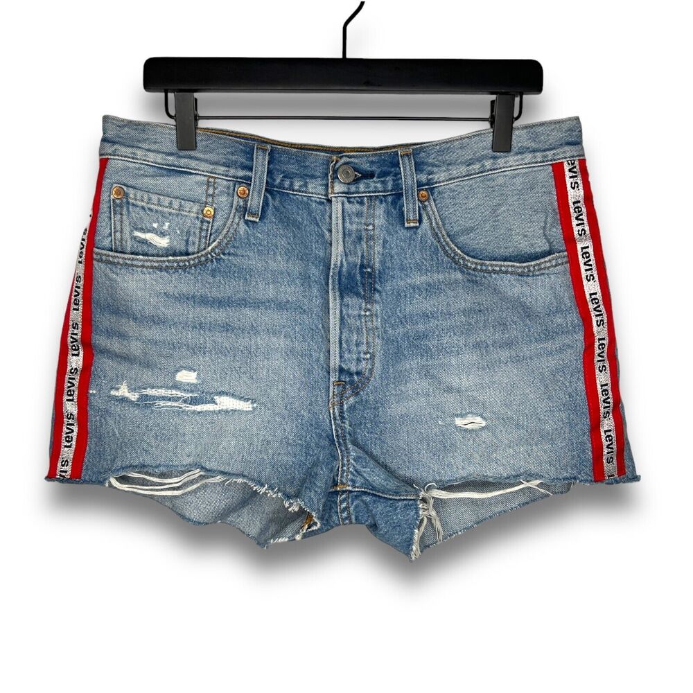 Levis Premium Womens 501 Denim Jean Short 30 Blue Cut Off Logo Stripe Button Fly